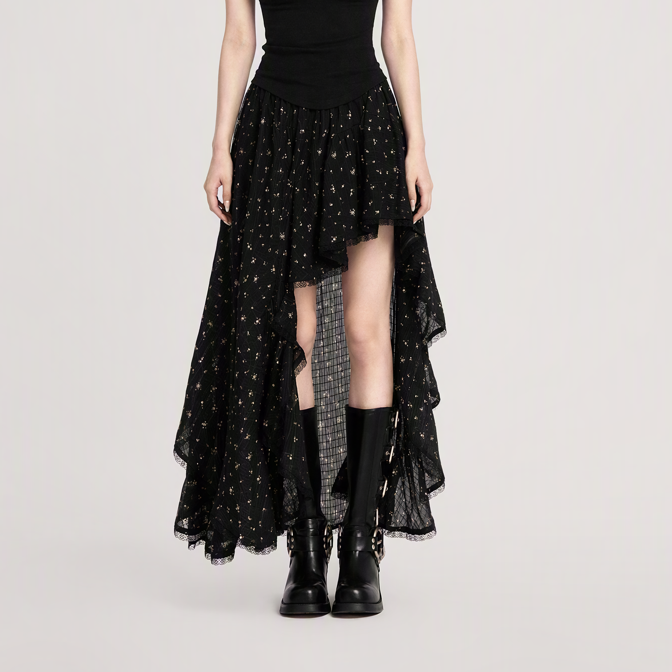 Floral Asymmetric Ruffle Skirt