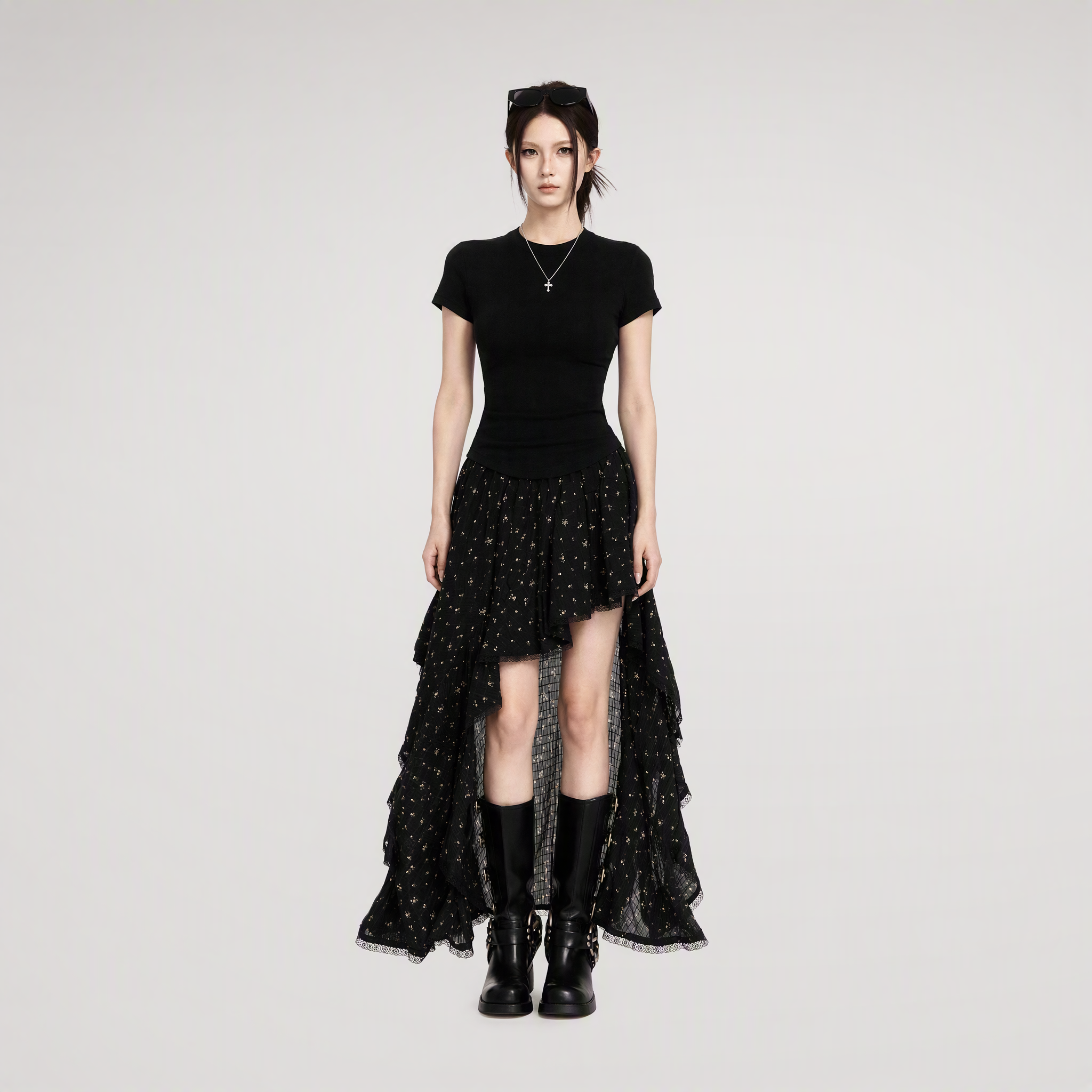 Floral Asymmetric Ruffle Skirt