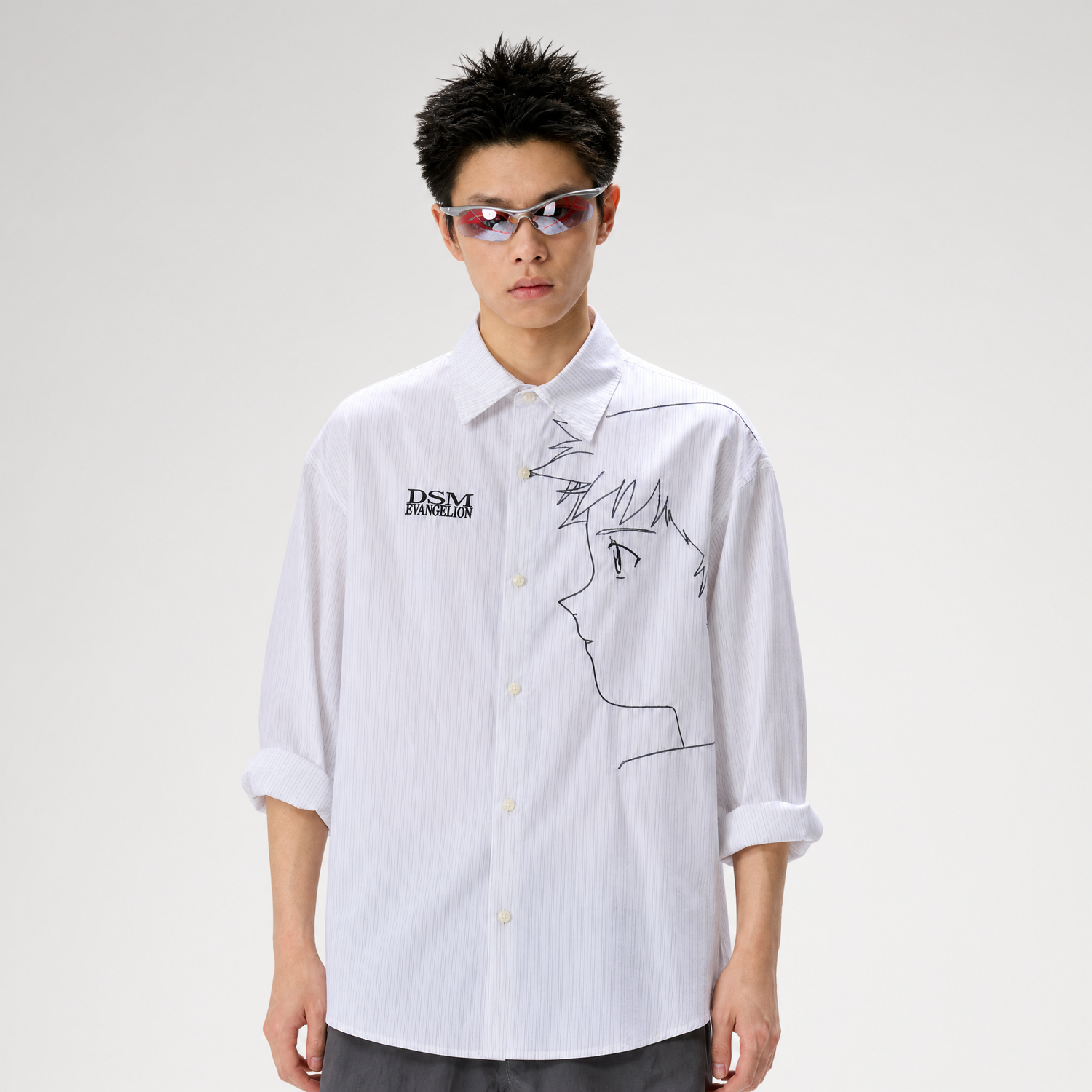 Fine-Stripe Embroidered Graphic Shirt