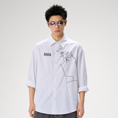 Fine-Stripe Embroidered Graphic Shirt