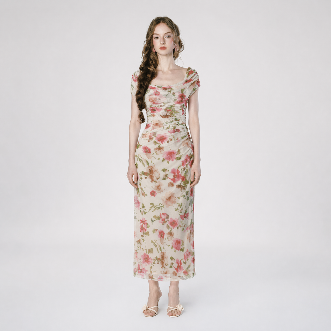 LACEMADE Printed Mesh Draped Dress – Midi Dresses