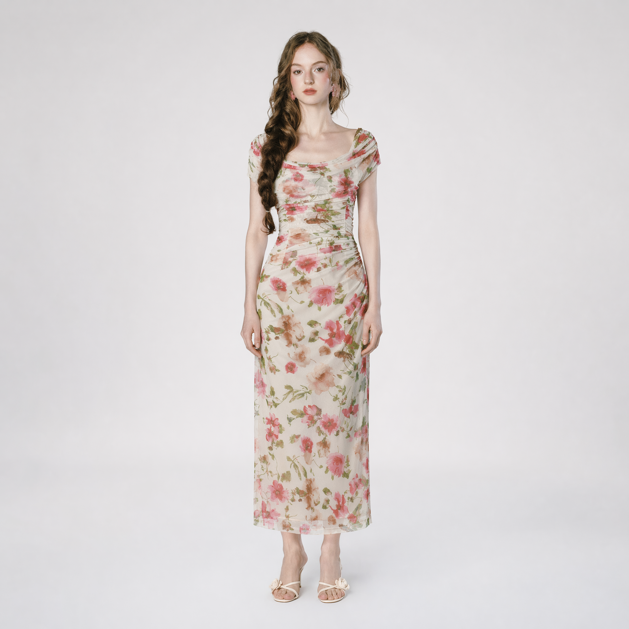 Printed Mesh Draped Dress