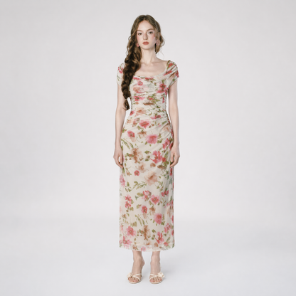 Printed Mesh Draped Dress
