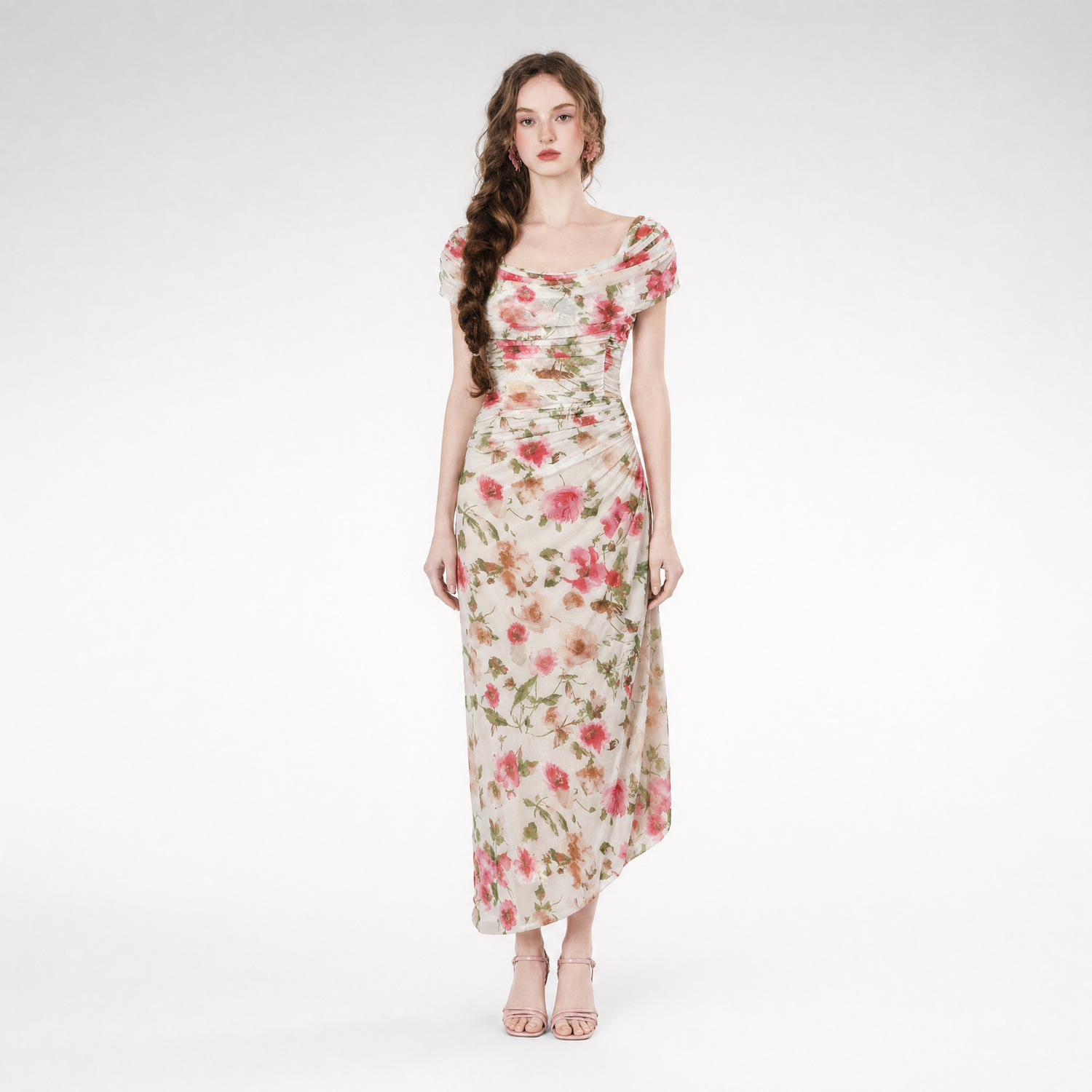 Printed Mesh Draped Dress