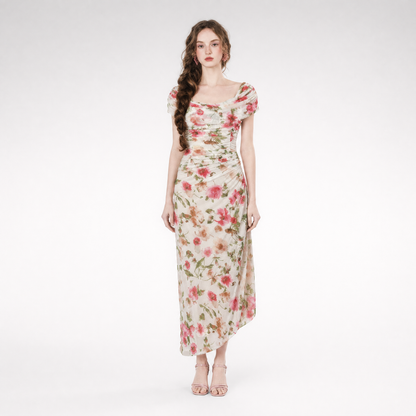 Printed Mesh Draped Dress