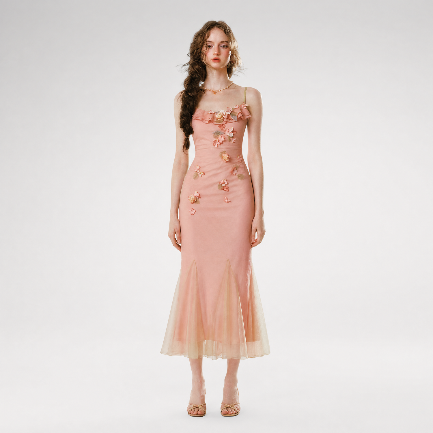 Floral Mesh Mermaid Midi Dress