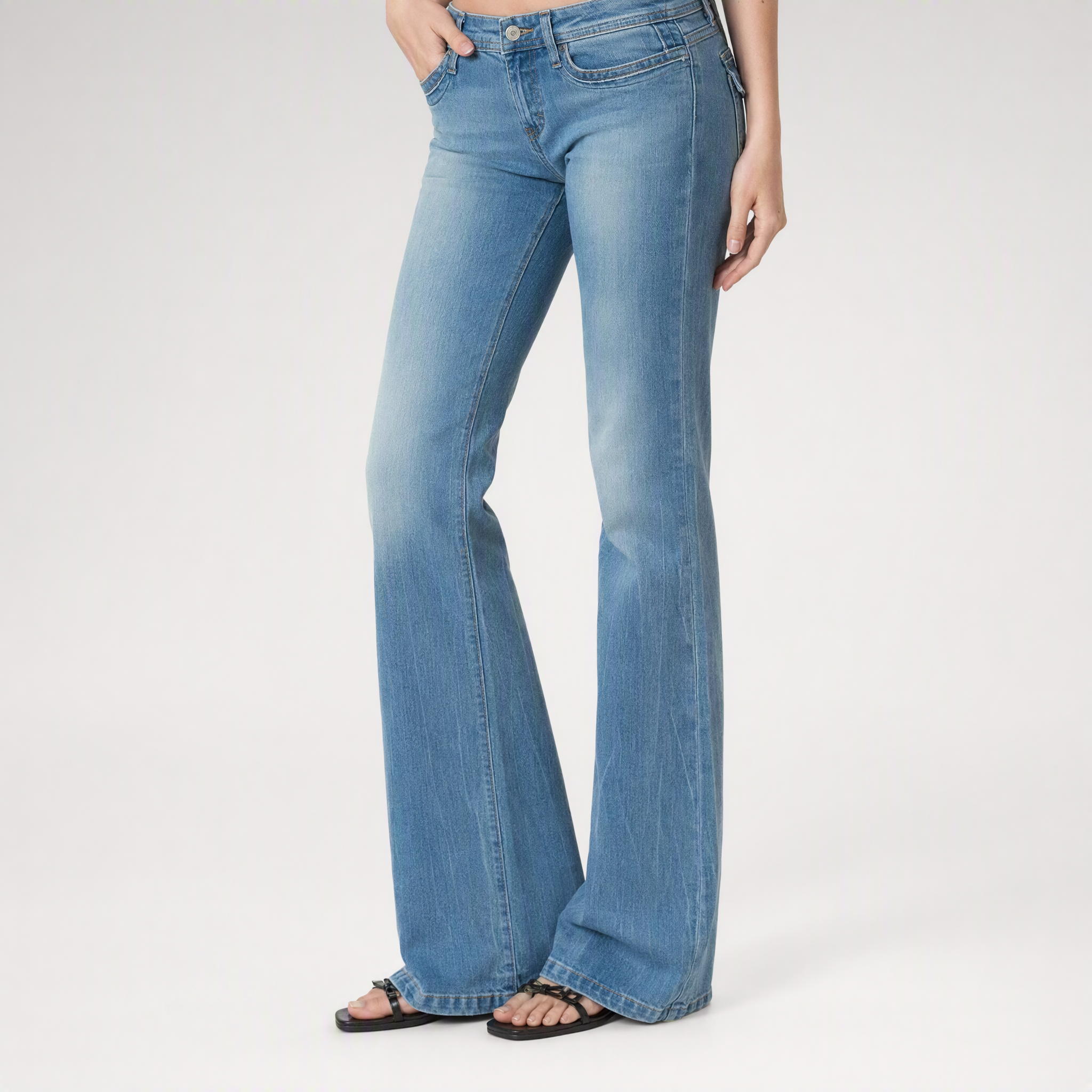 Washed Low-Rise Flare Jeans