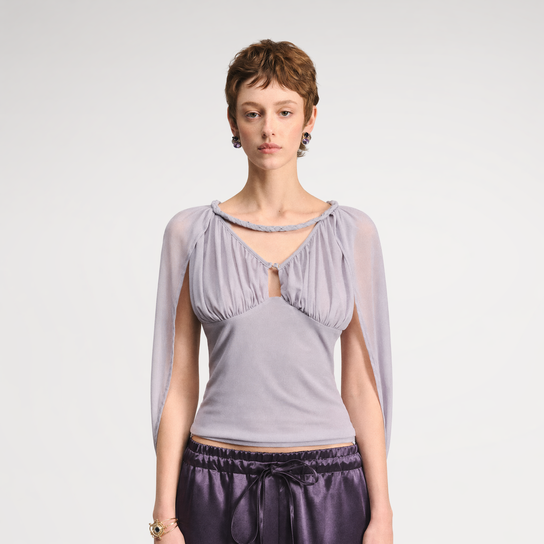 Ruched Mesh V-Neck Top