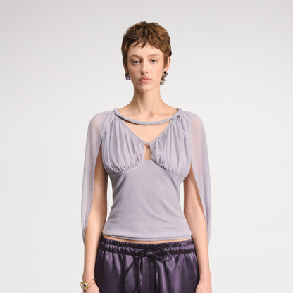 Ruched Mesh V-Neck Top