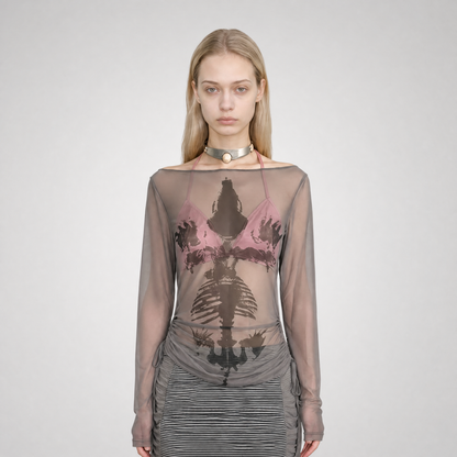 Sheer Asymmetric Skeleton Print Top