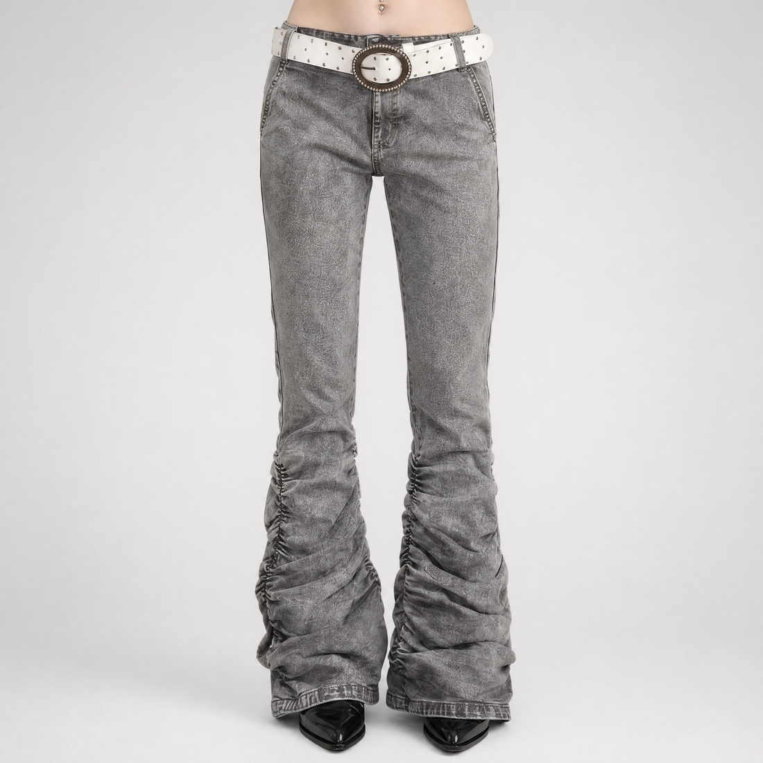 Washed Low-Rise Ruched Flare Jeans