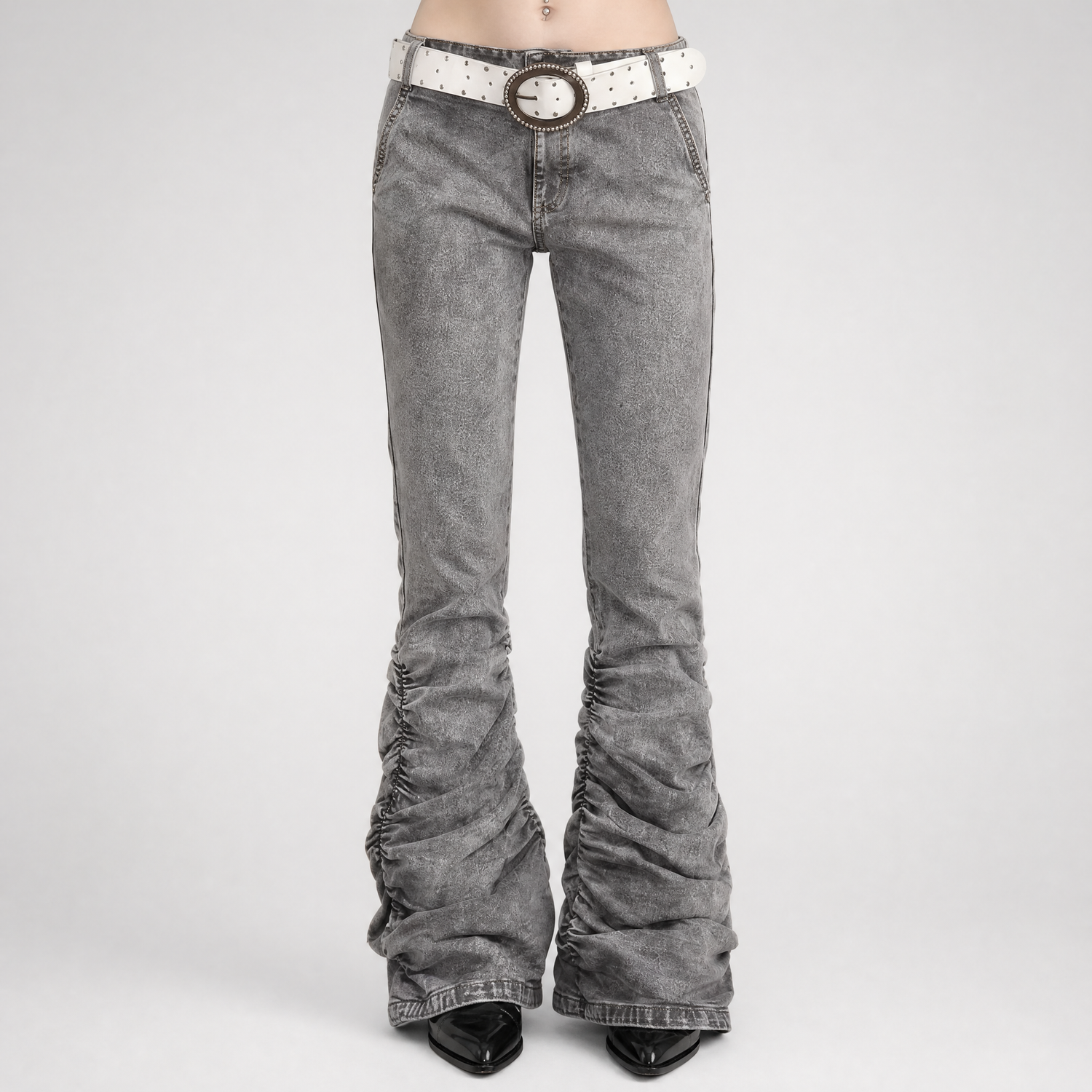 Washed Low-Rise Ruched Flare Jeans