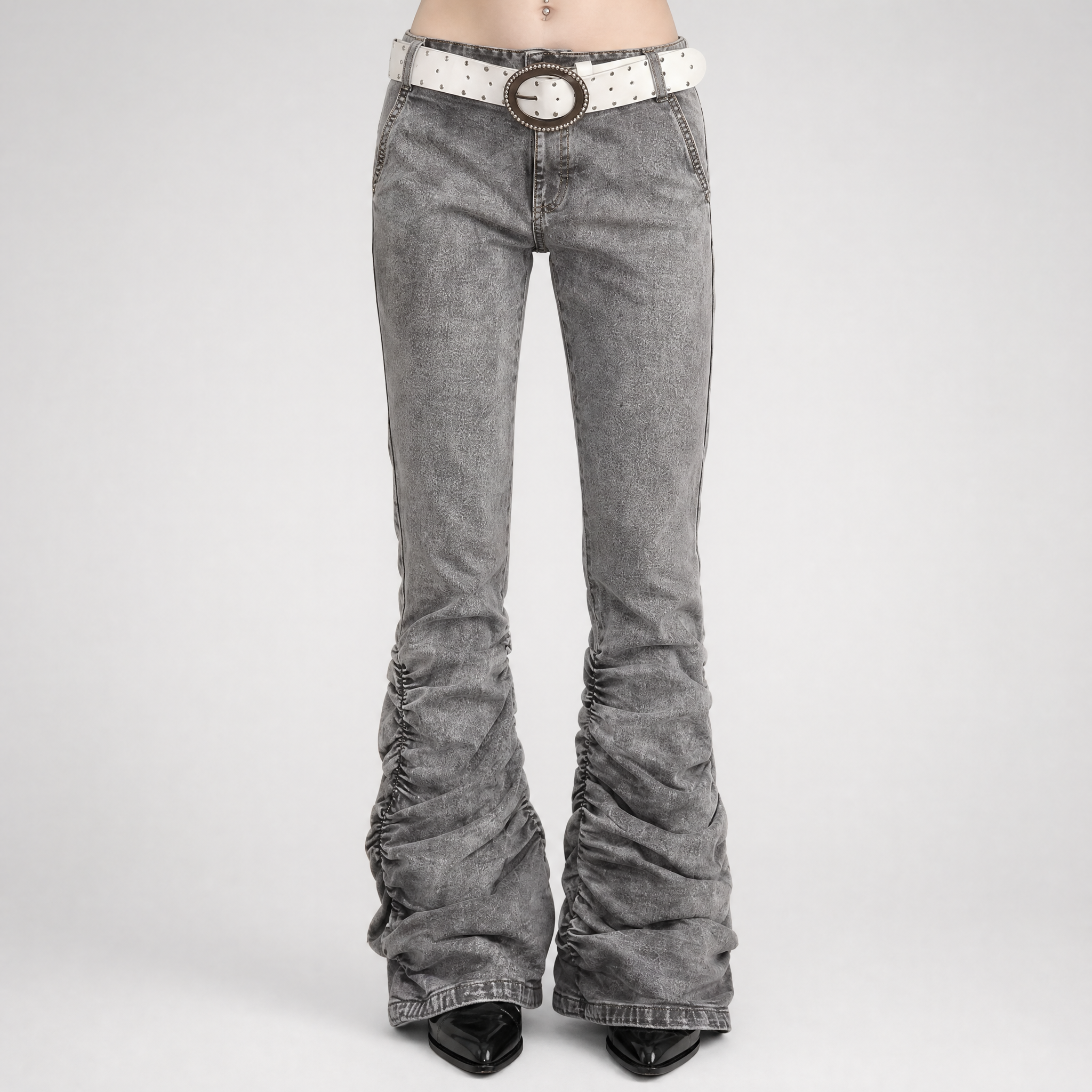 Washed Low-Rise Ruched Flare Jeans