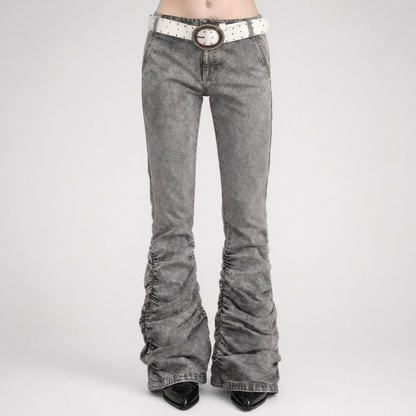 Washed Low-Rise Ruched Flare Jeans