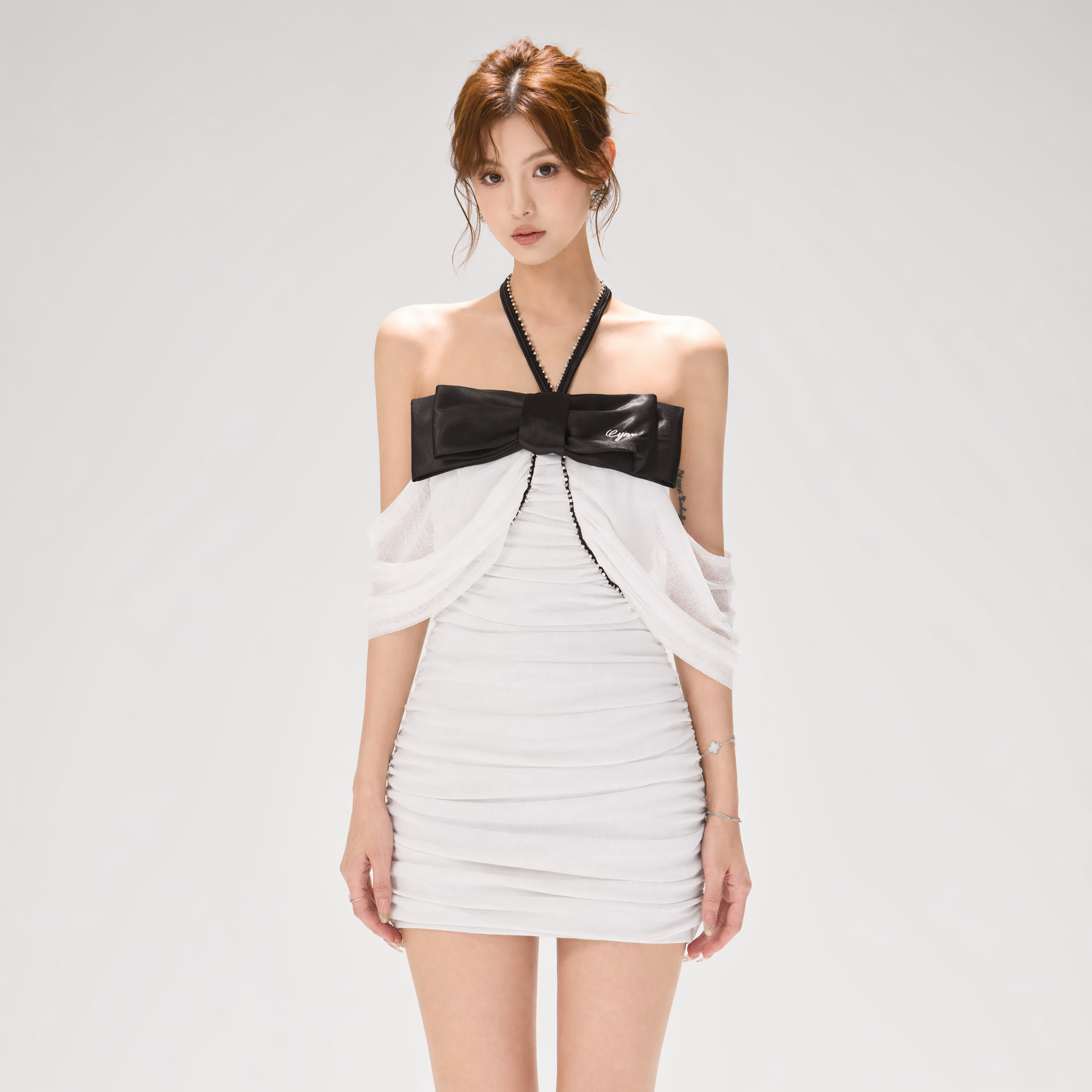 Silvery Bow Ruched Mini Dress