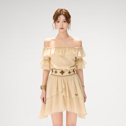 CYNR Beaded Off-Shoulder Dress – Midi Dresses