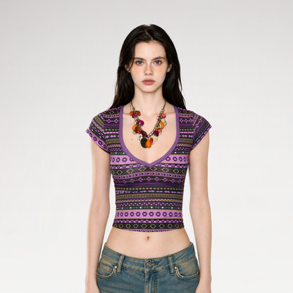 Ethnic Print Cropped T-Shirt