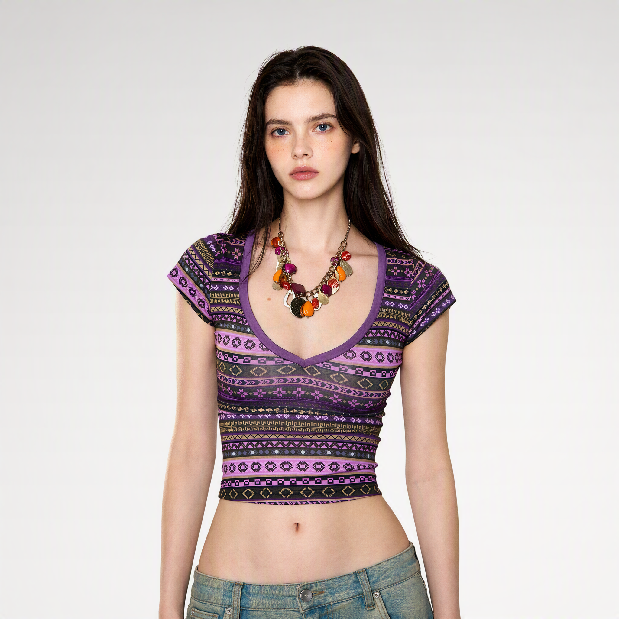 Ethnic Print Cropped T-Shirt