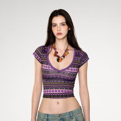 Ethnic Print Cropped T-Shirt