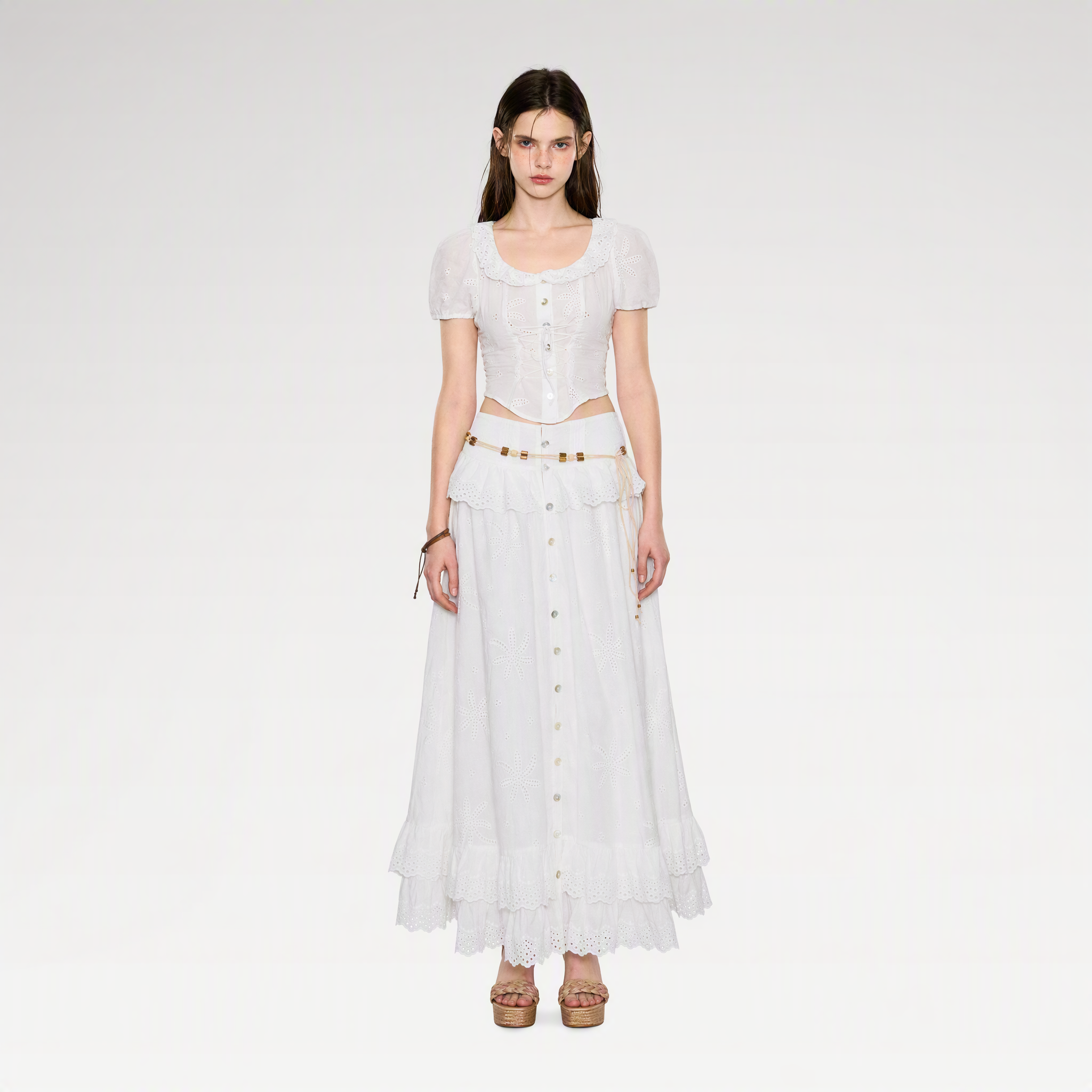 Lace-Up Eyelet Skirt Set