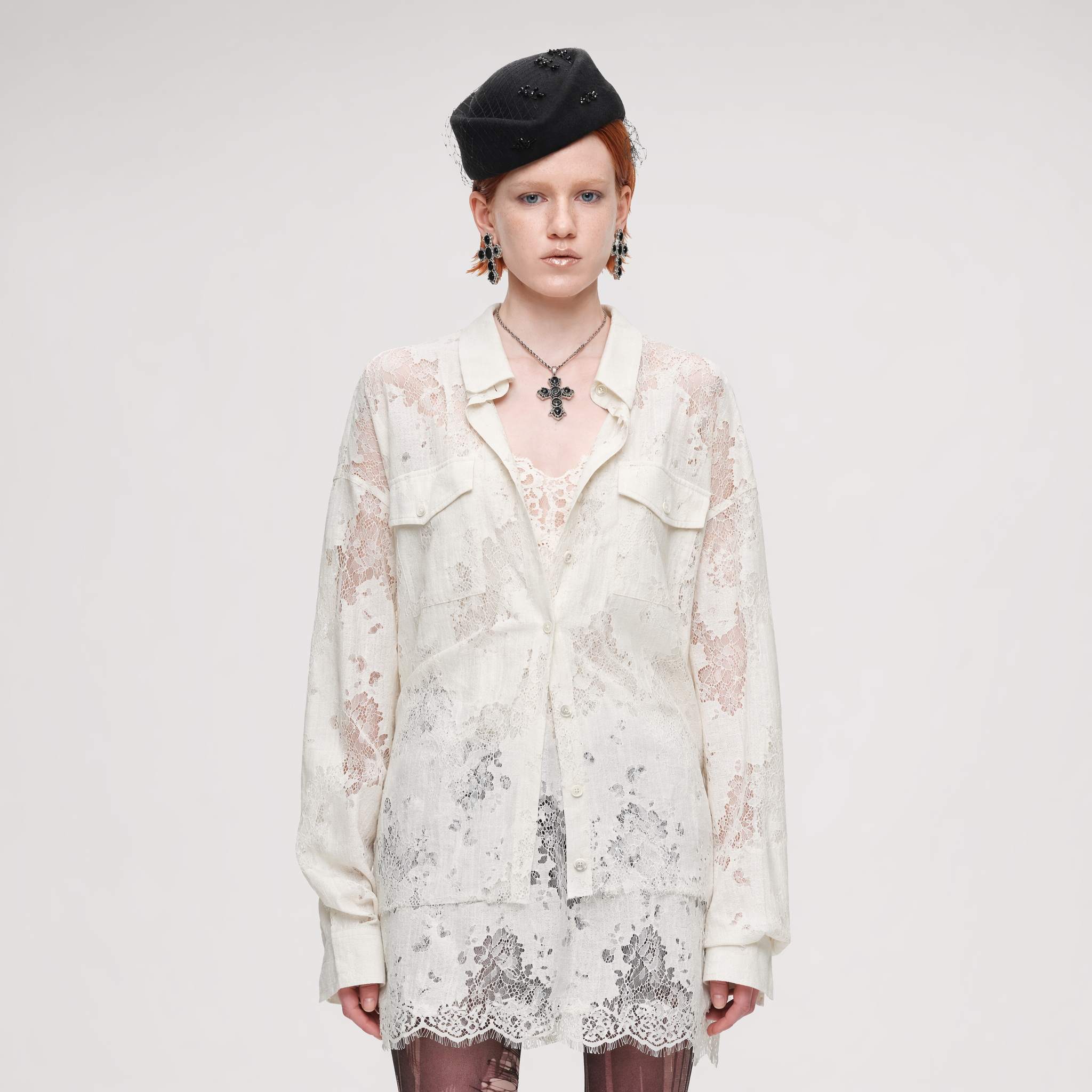 Lace Oversized Tie Shirt