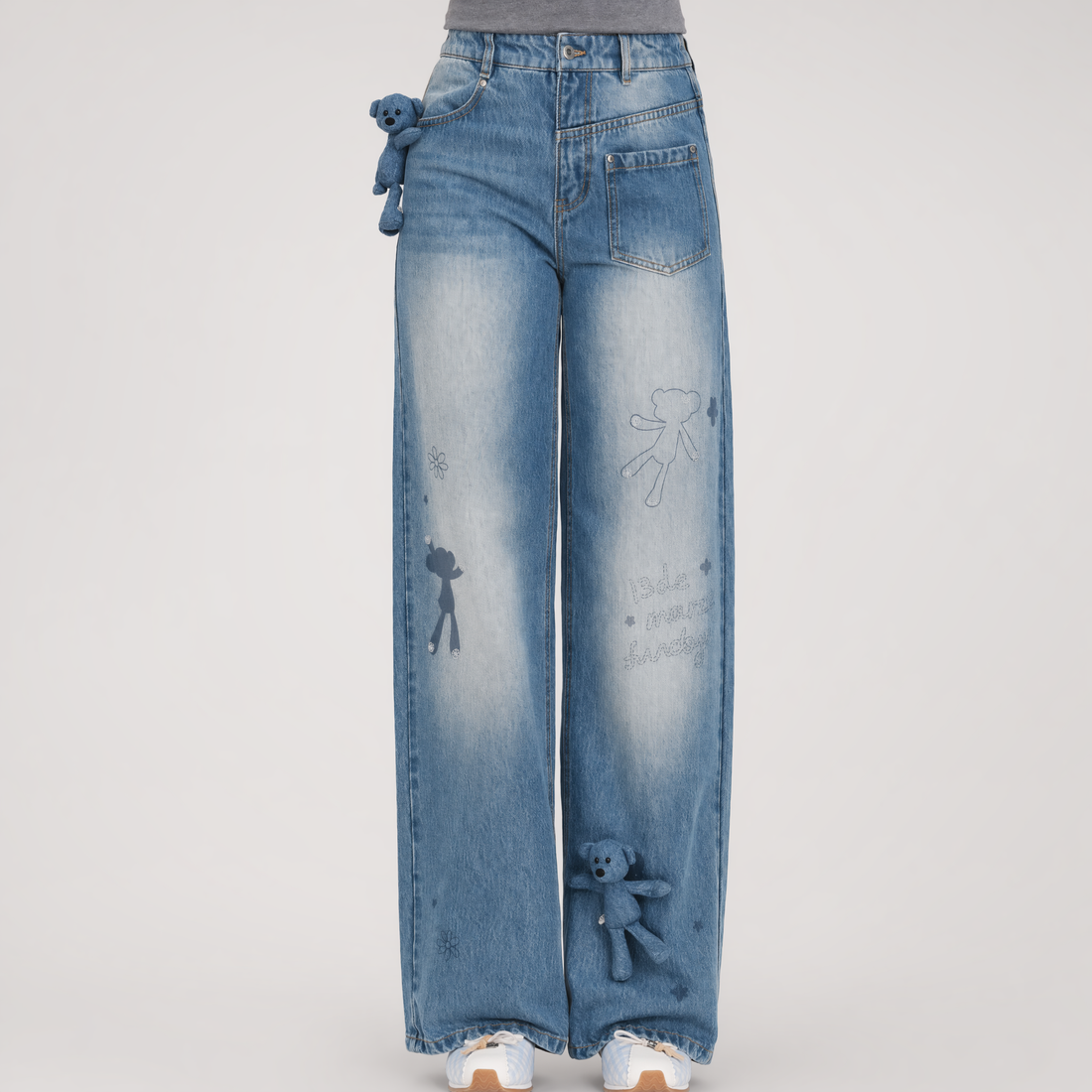 Bear Print Denim Pants