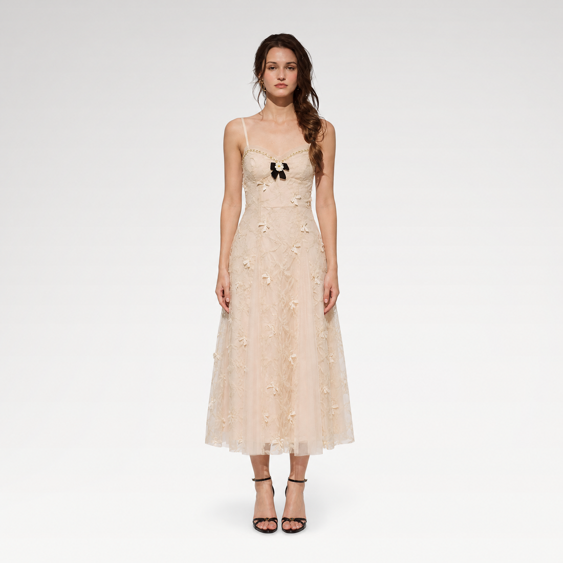 Embroidered Bow Mesh Dress