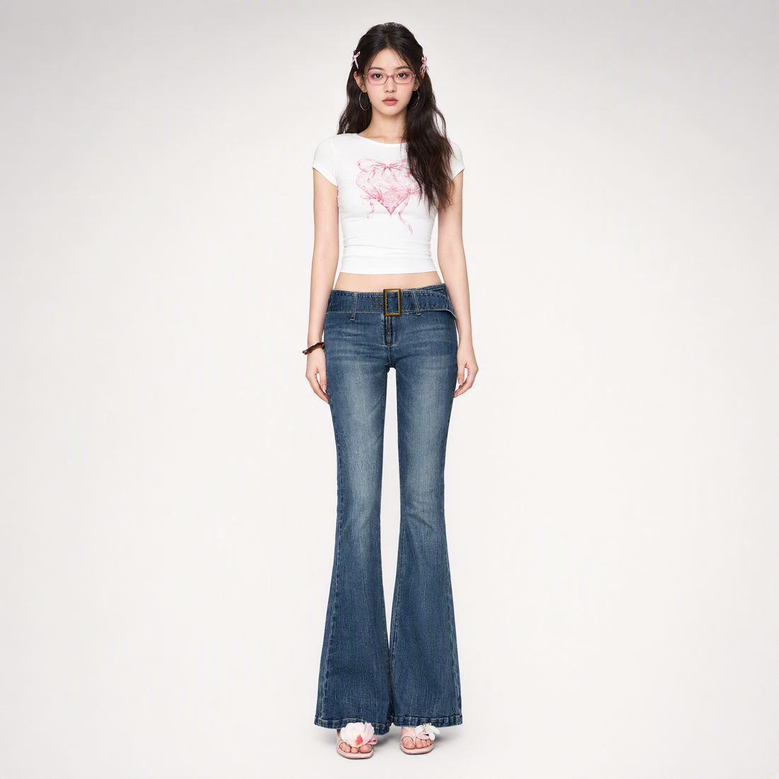 Wide Belt Flared Jeans