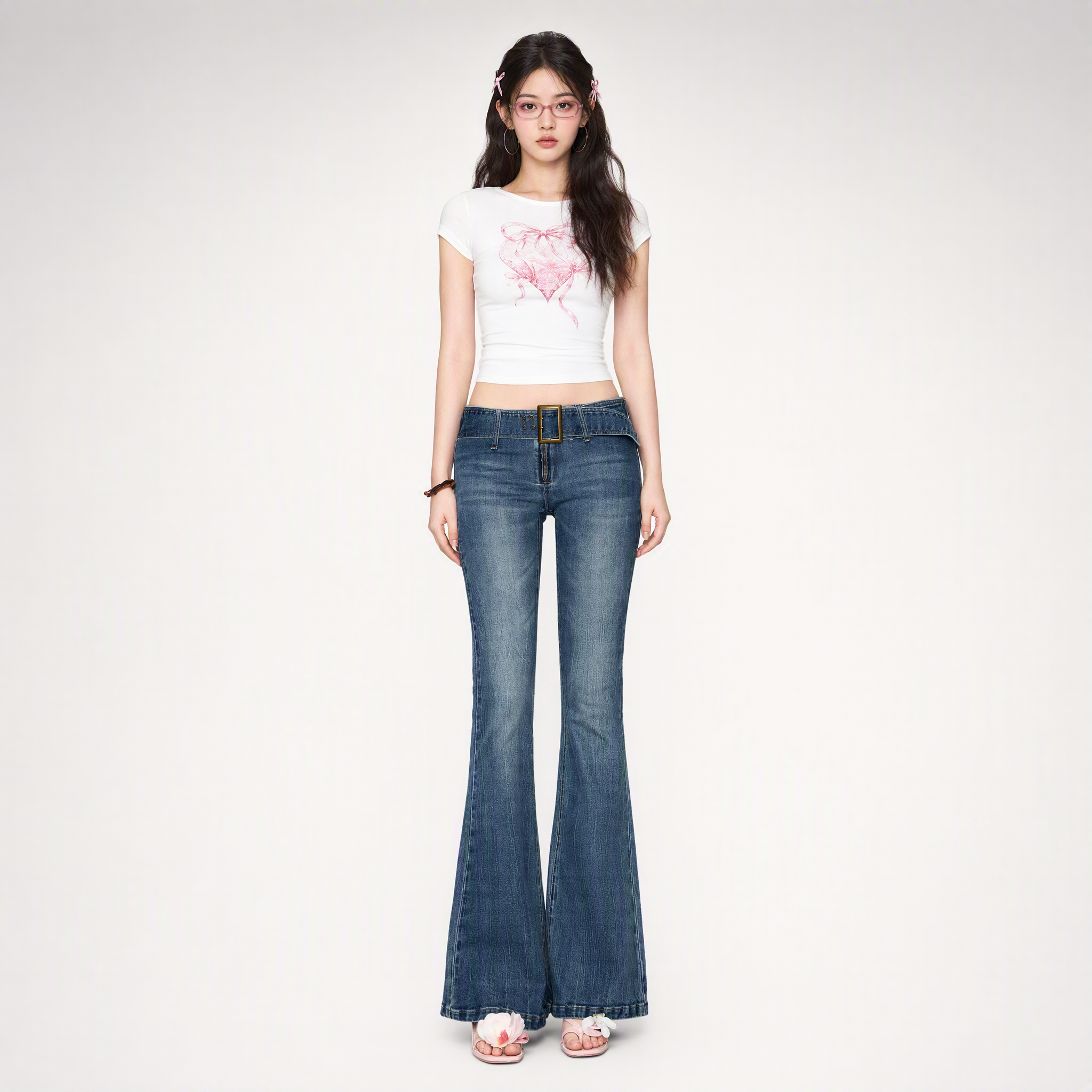 Wide Belt Flared Jeans