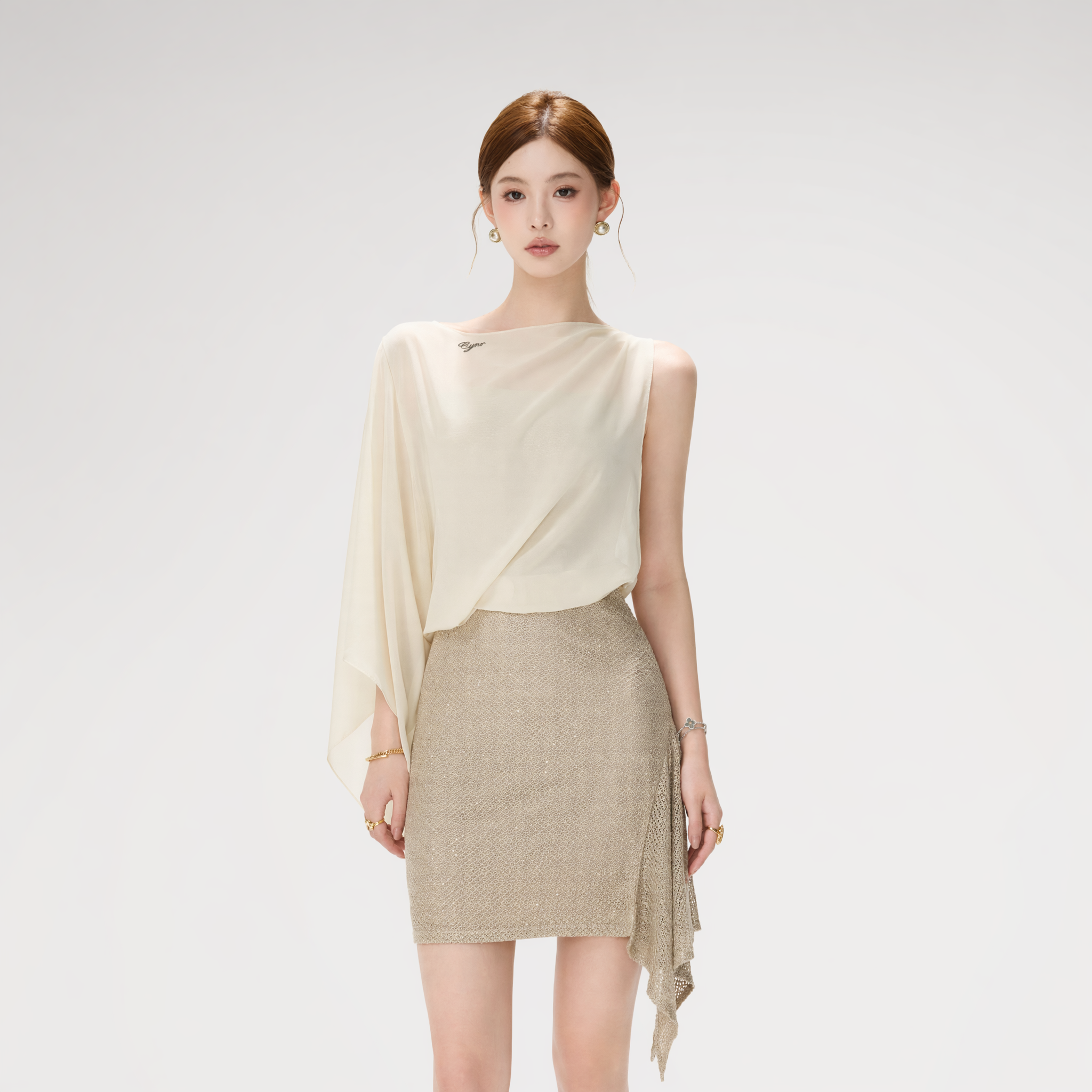 CYNR Sheer Drape Off-Shoulder Dress – view 4