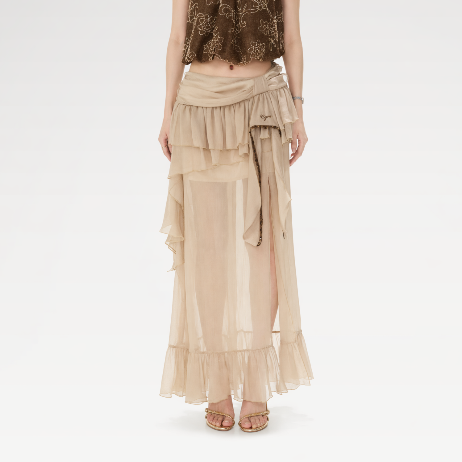 CYNR Sheer Ruffle High-Slit Skirt – Midi Skirts