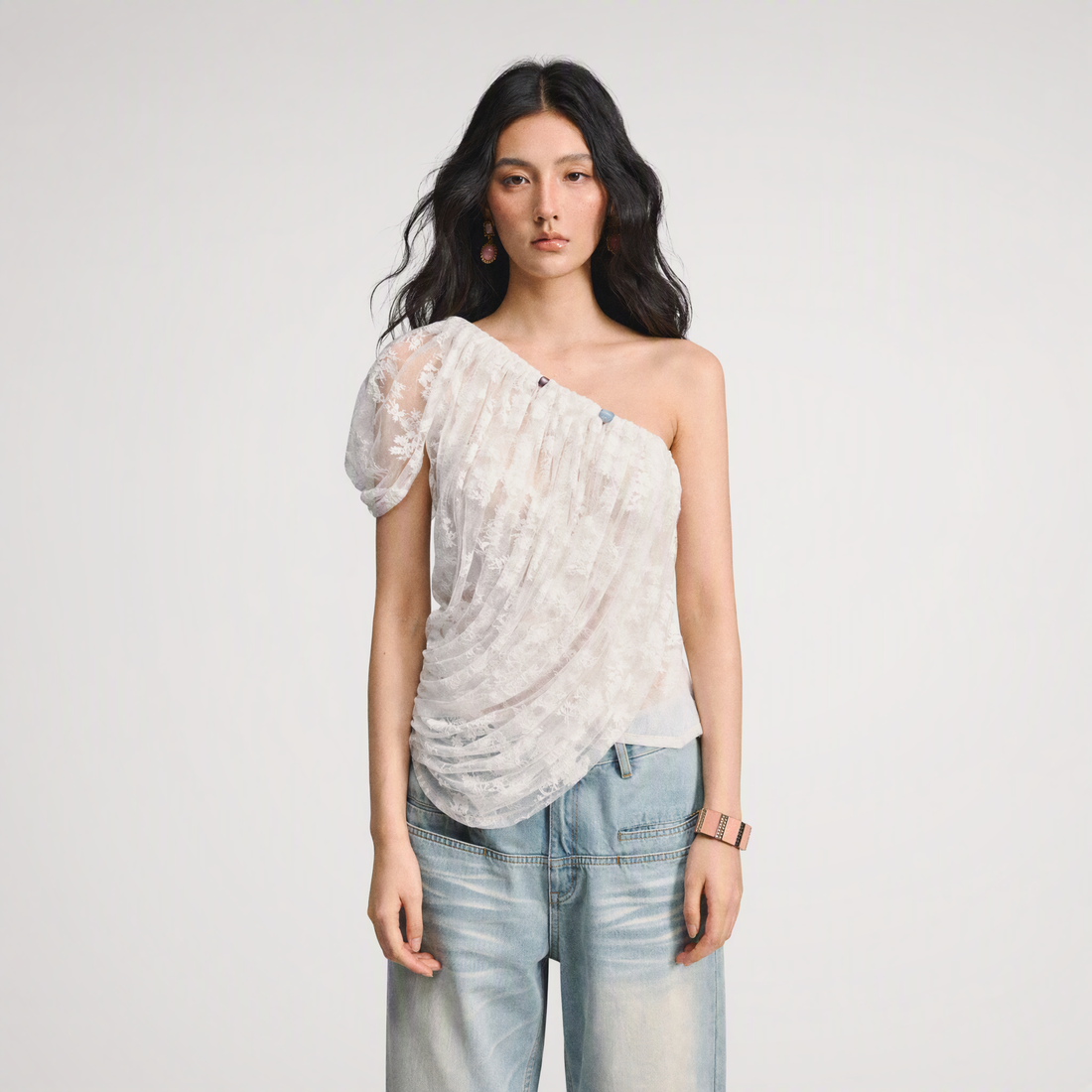 Lace Ruched Asymmetric Top