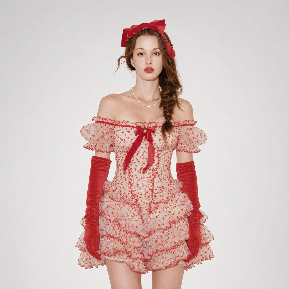 Flocked Bow Ruffle Dress