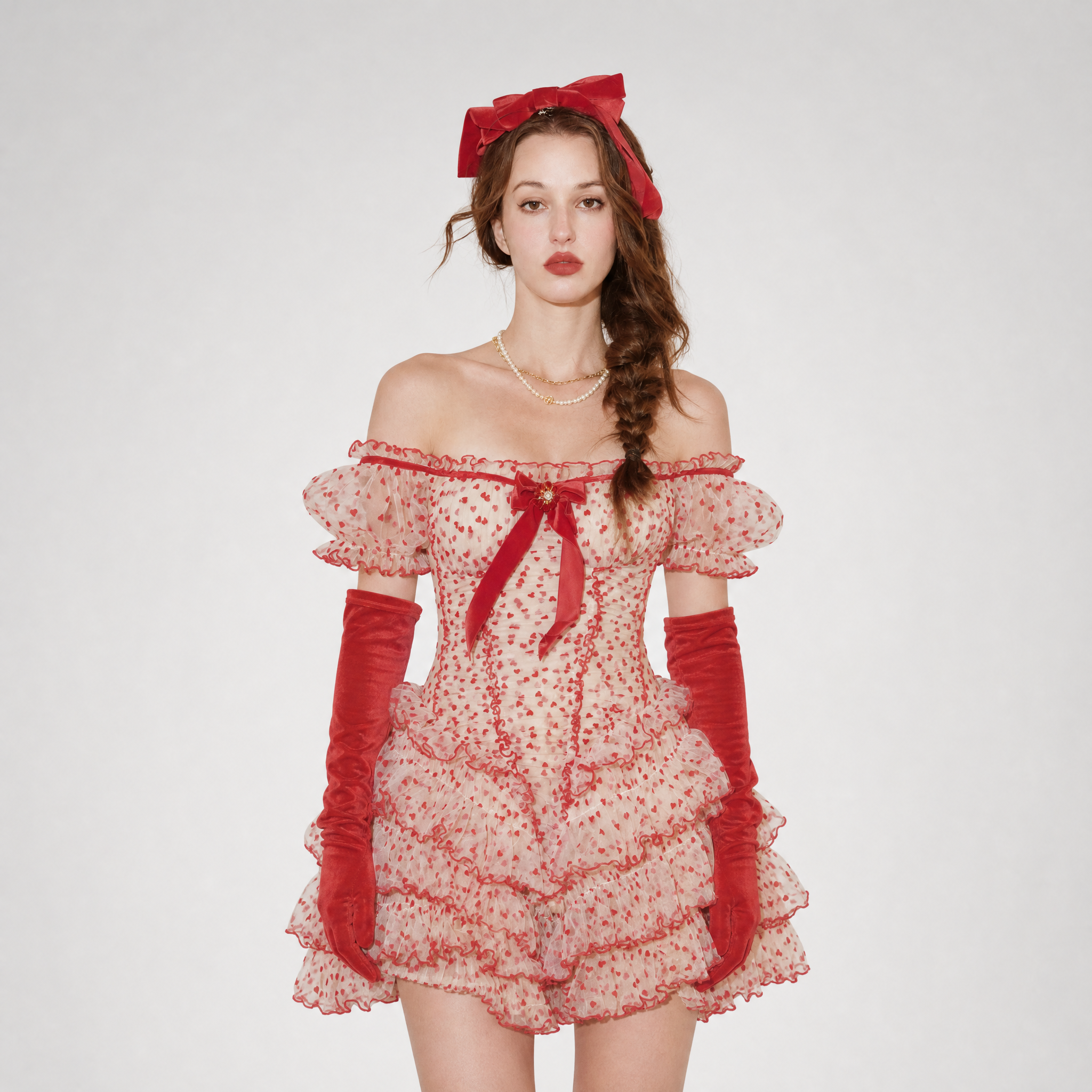 Flocked Bow Ruffle Dress