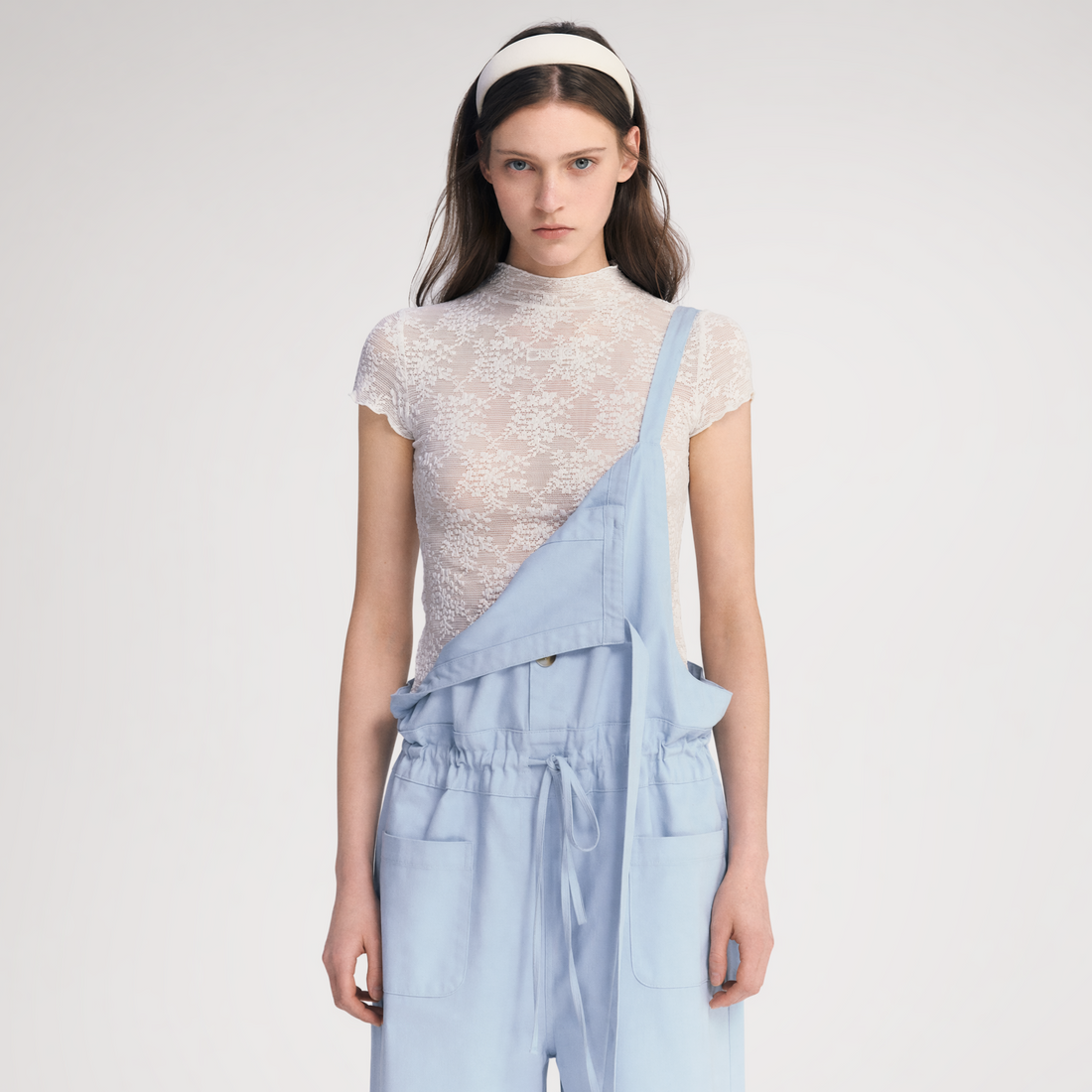 ASGONY Lace Mesh Mock Neck Top – Blouses