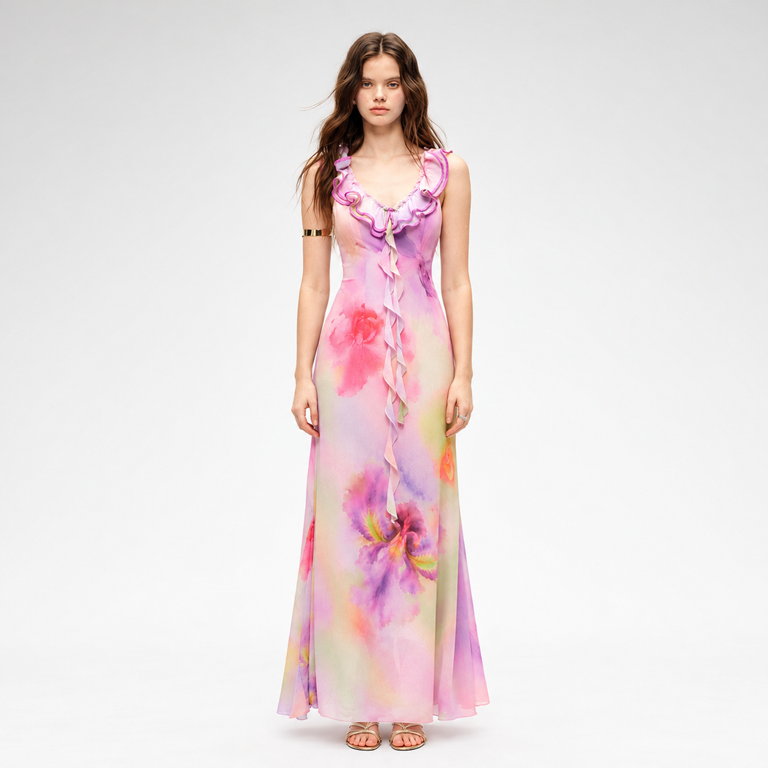Watercolor Ruffle V-Neck Dress