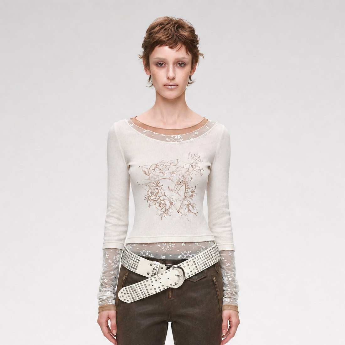 Vintage Lace Contrast Long-Sleeve Top