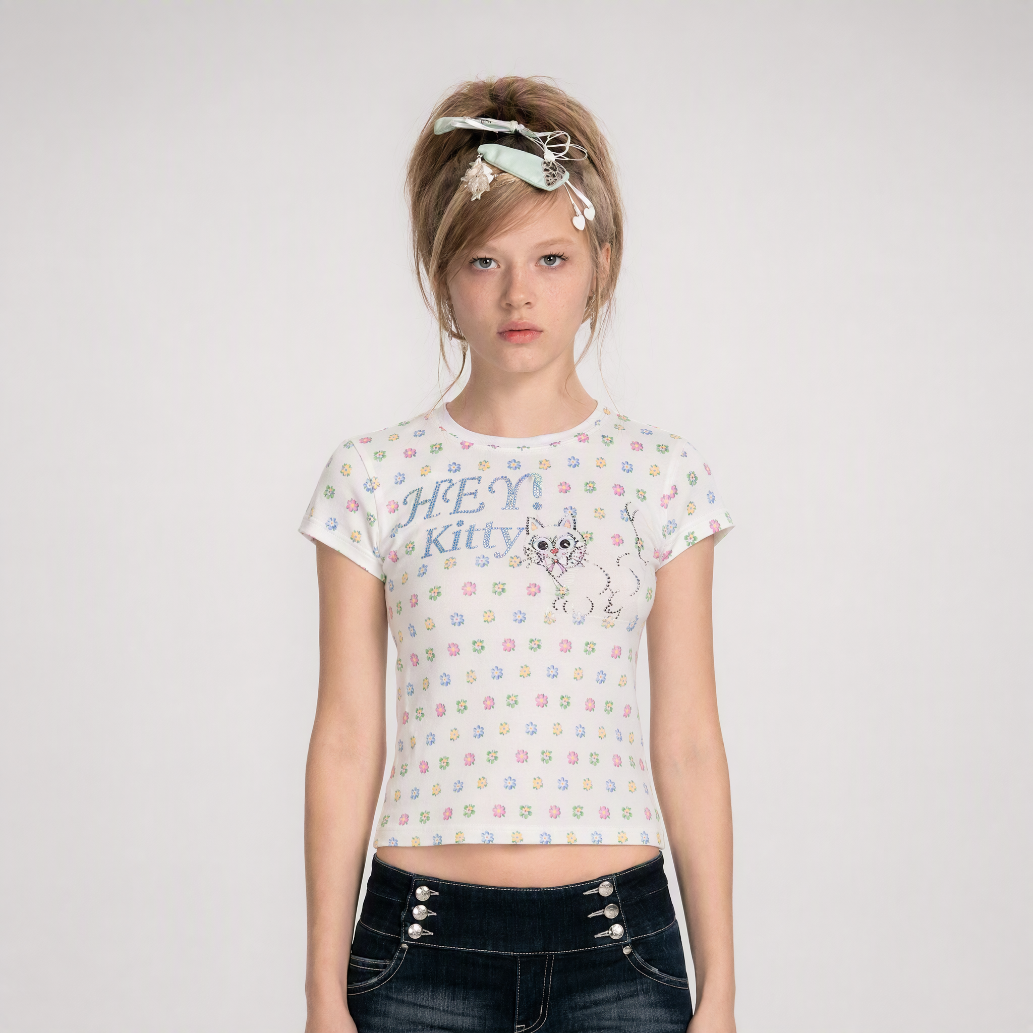 Cat Print Rhinestone Tee