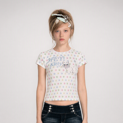 Cat Print Rhinestone Tee
