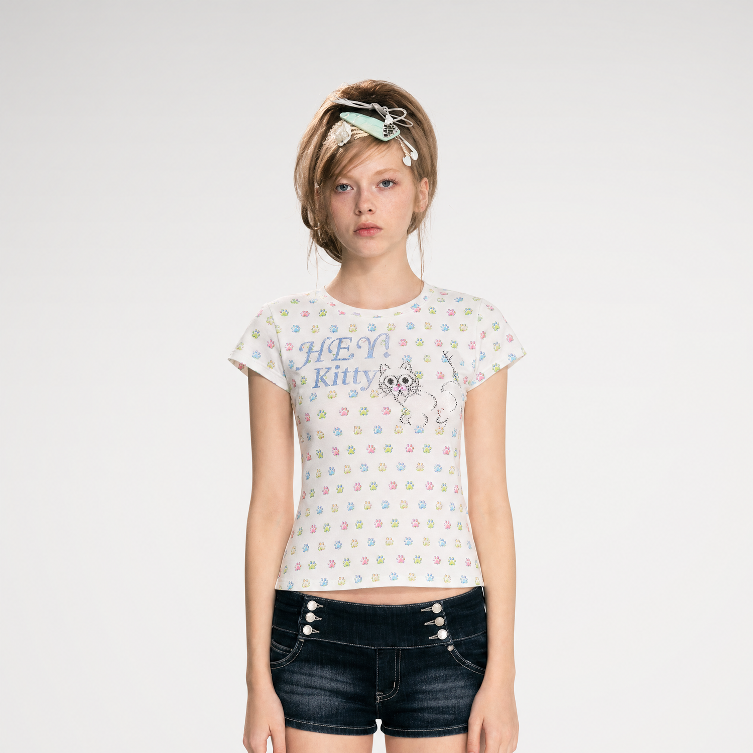 Cat Print Rhinestone Tee