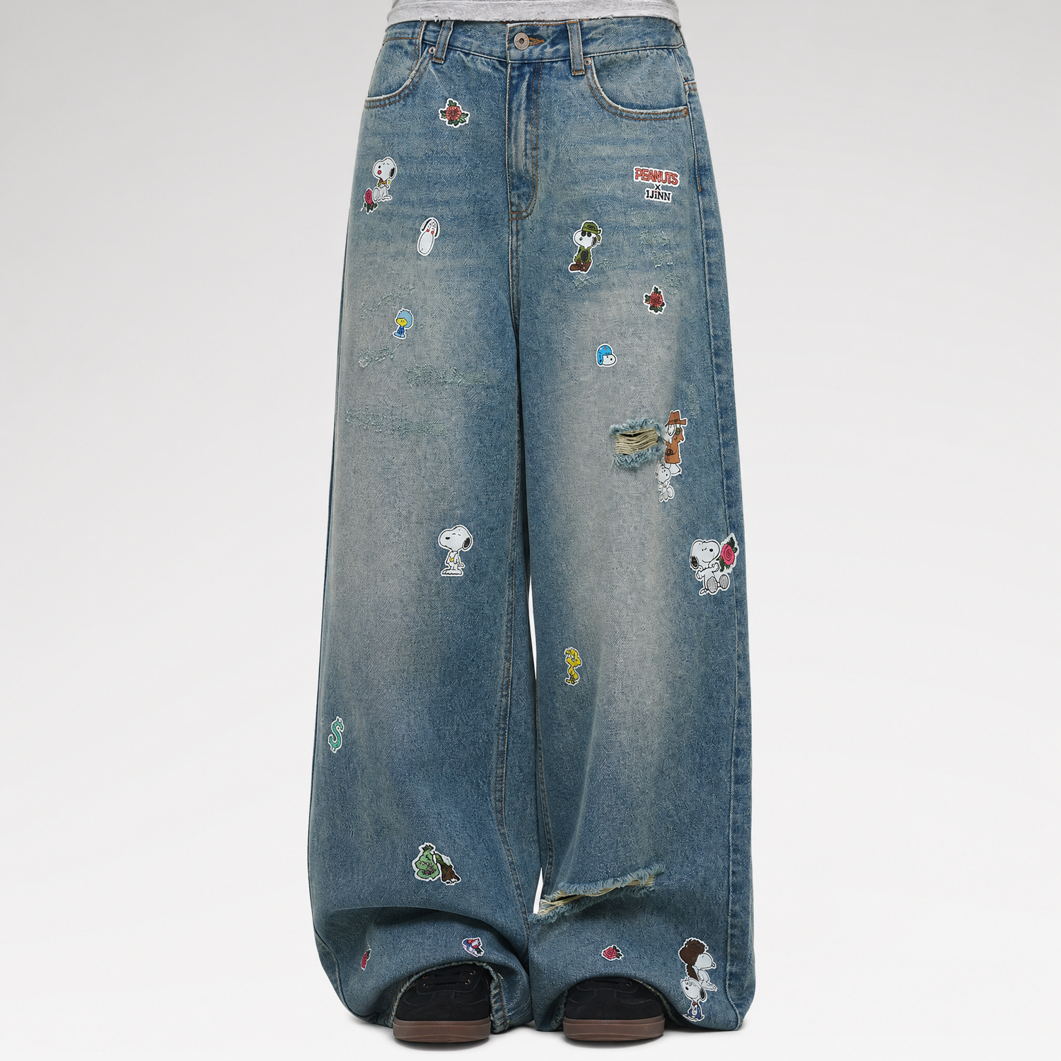 Washed Distressed Wide-Leg Jeans