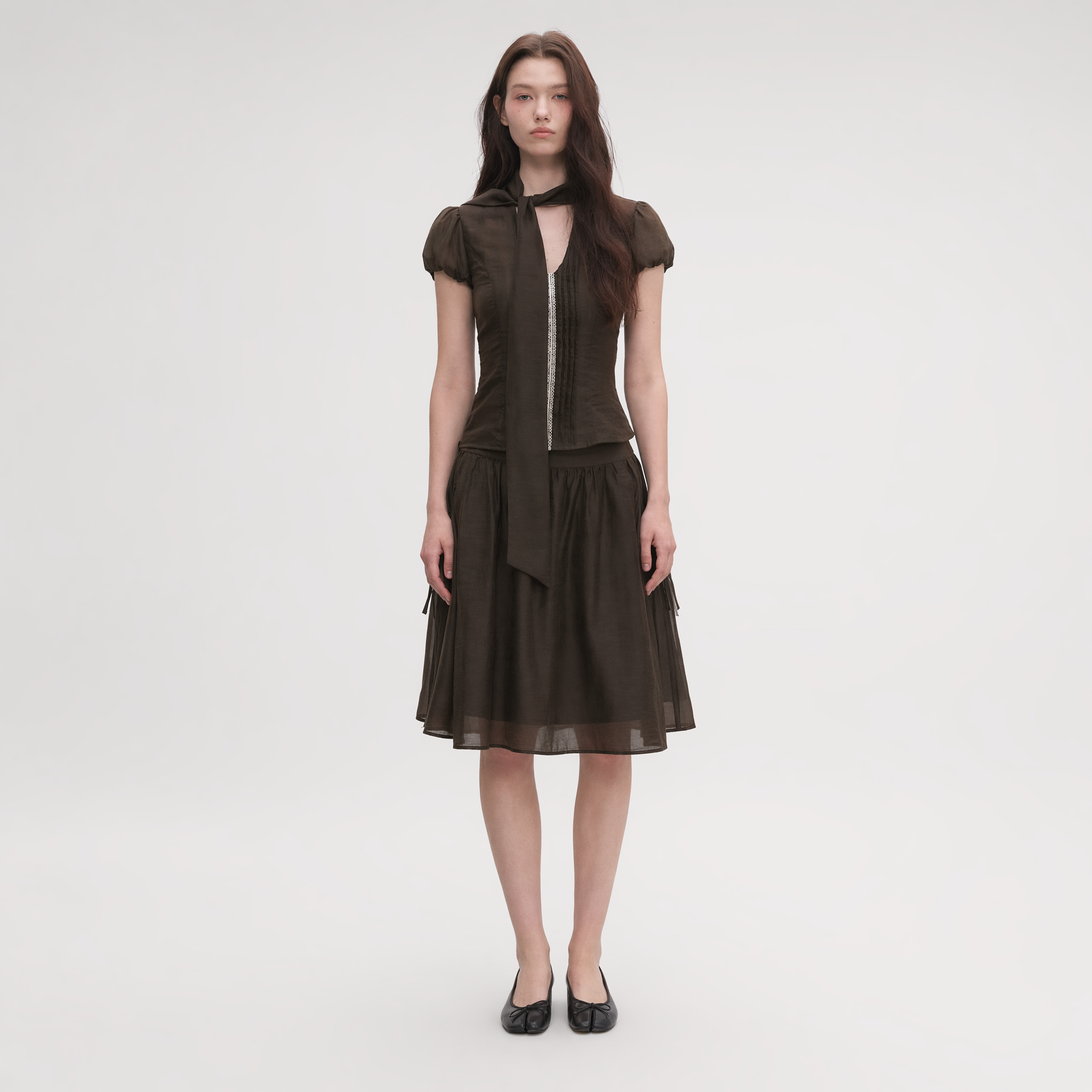 Tie-Neck Flared Skirt Set