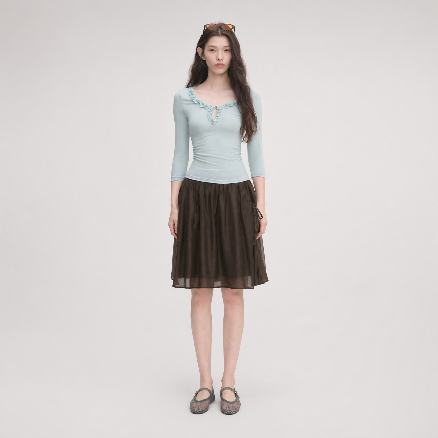 Ruffled Neck Stretch Tee