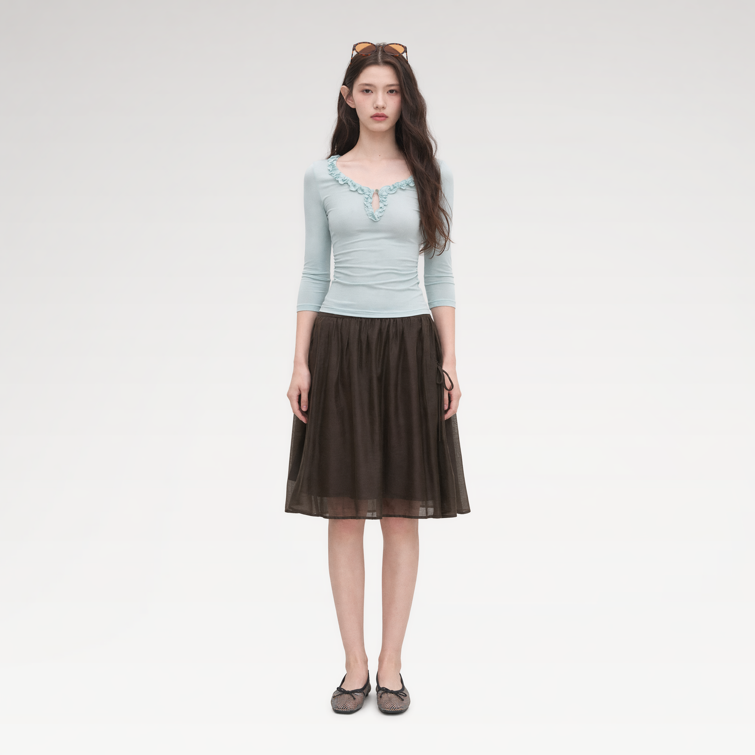Ruffled Neck Stretch Tee