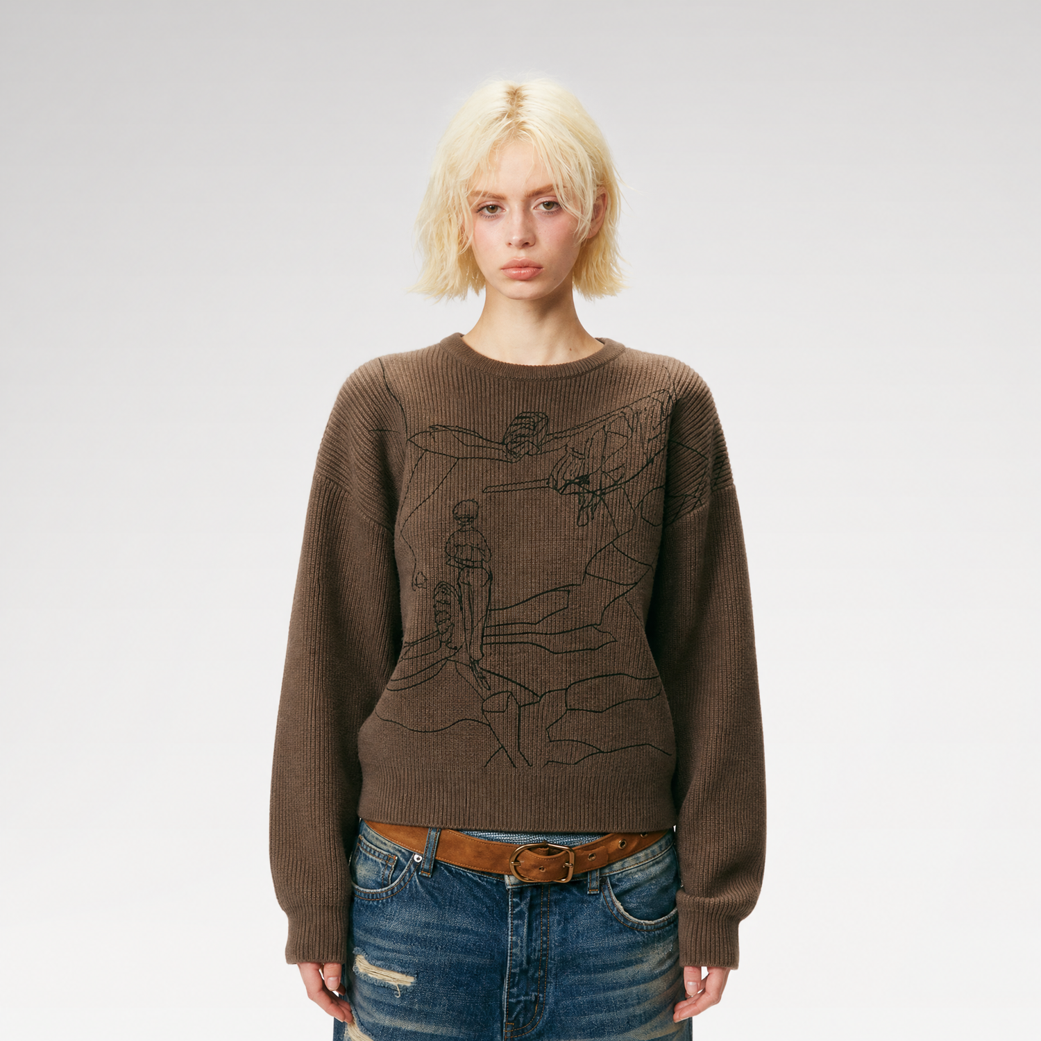 Rib-Knit Linework Graphic Sweater