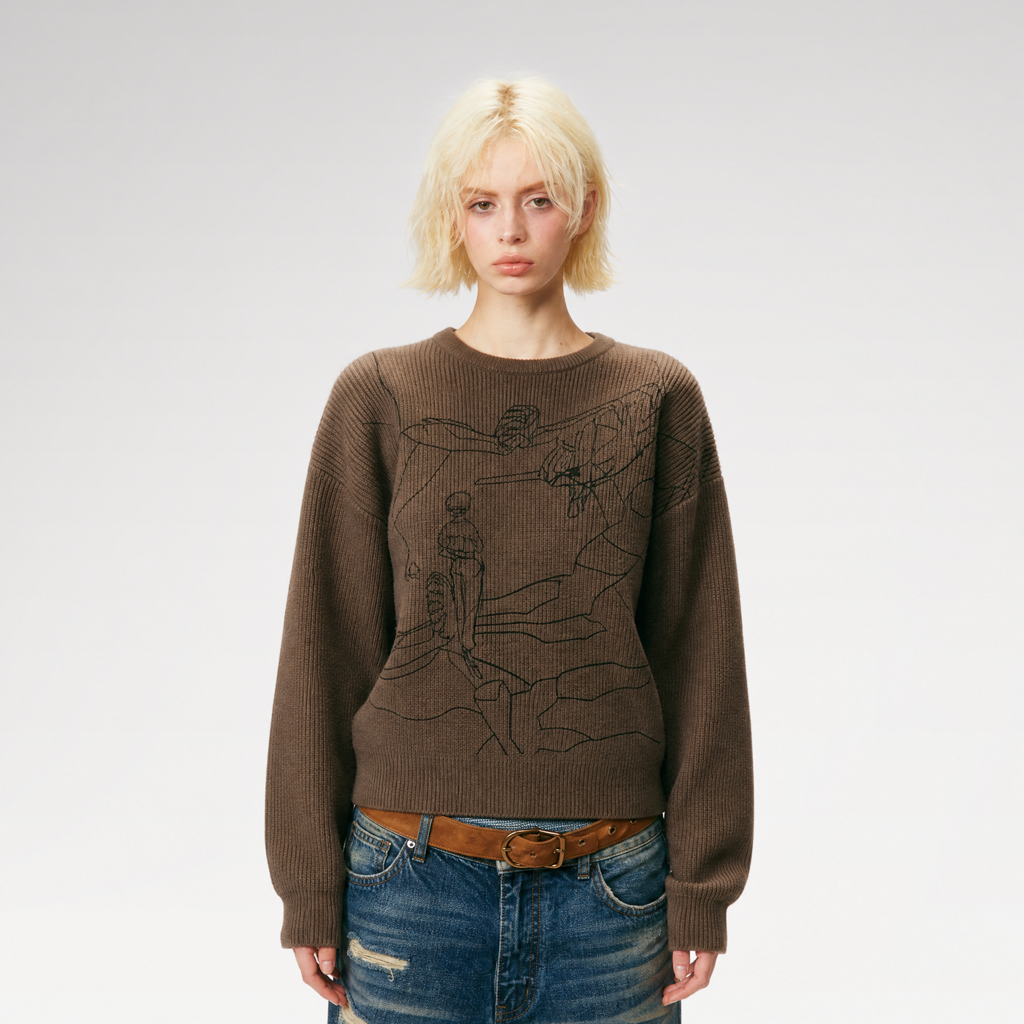 Rib-Knit Linework Graphic Sweater