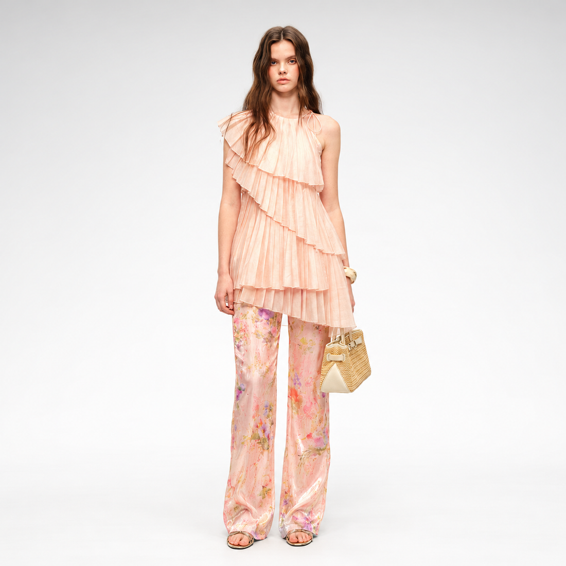 Glossy Pleated Floral Pants Set