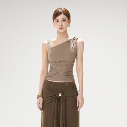 Asymmetric Ruched Mesh Top