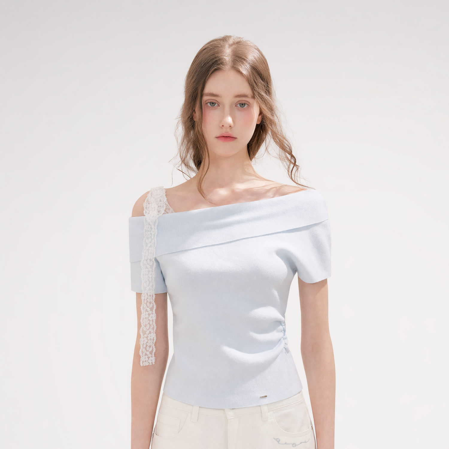 Lace Trim Ruched Knit Top