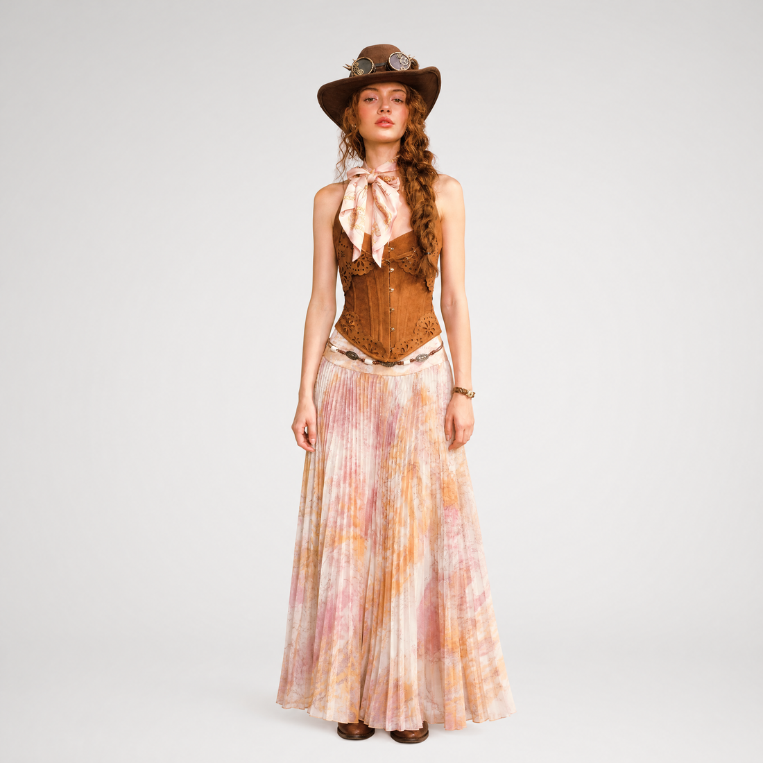 Suede-Look Corset Pleated Skirt Set